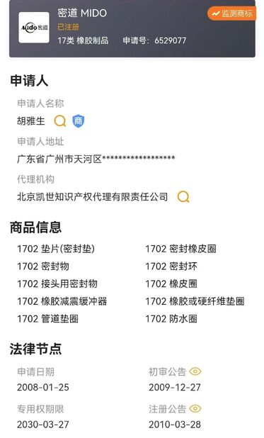 Porcelana Guangzhou Tianhe Qianjin Midao Oil Seal Firm certificaciones